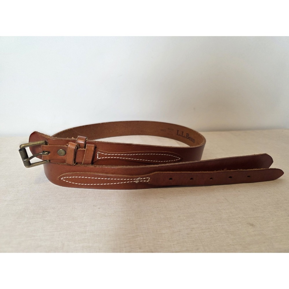 LL Bean Leather Belt Brown Tan Size 34 Equestrian Made USA Double Detail Cow